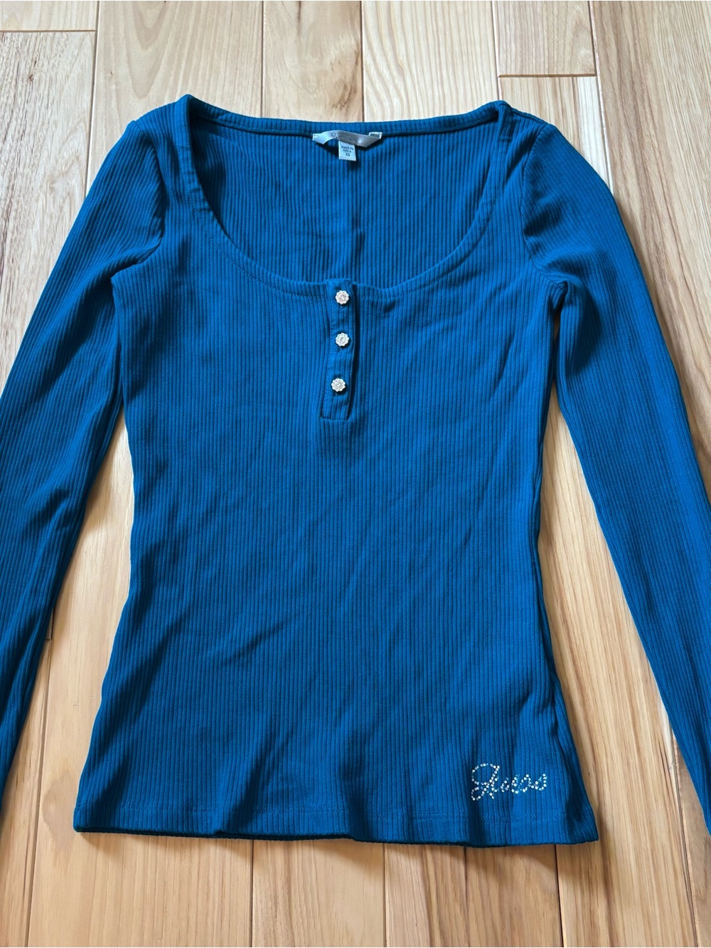 Guess Karlee Jewel Henley Blue Ribbed Rhinestone Accent Long Sleeve Top